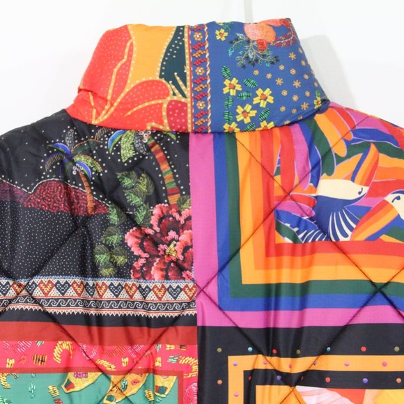 Farm Rio Puffer Jacket NEW Women Colorful Mix Scarves Coat Small Quilted - Picture 7 of 10